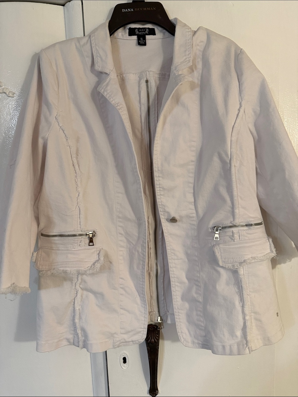 Soft White Fringed Long Jean Jacket with Zip Details.